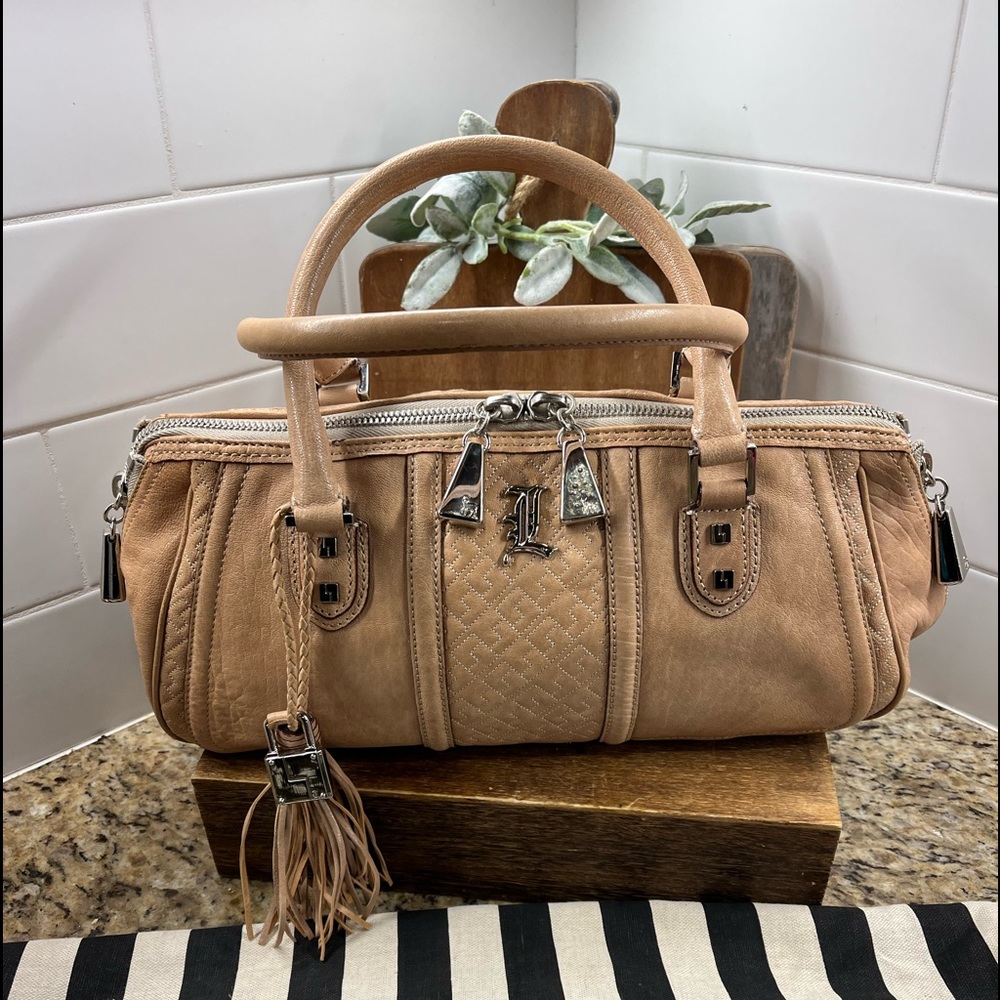L.A.M.B. Brown Tan Leather Tassel  Hobo Shoulder Bag Purse Striped Liner NWOT